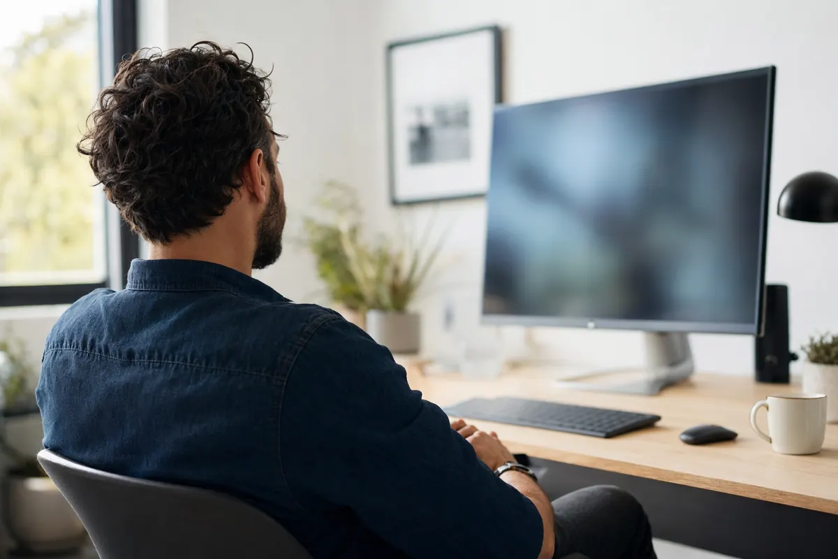 A developer sitting back from their desk mid-thought, hands away from the keyboard, not blocked while a question is out with an expert.